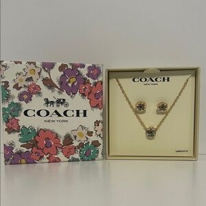 Coach Tea Rose Purple Stone Gold Tone Floral Pendant Necklace and Earrings Set